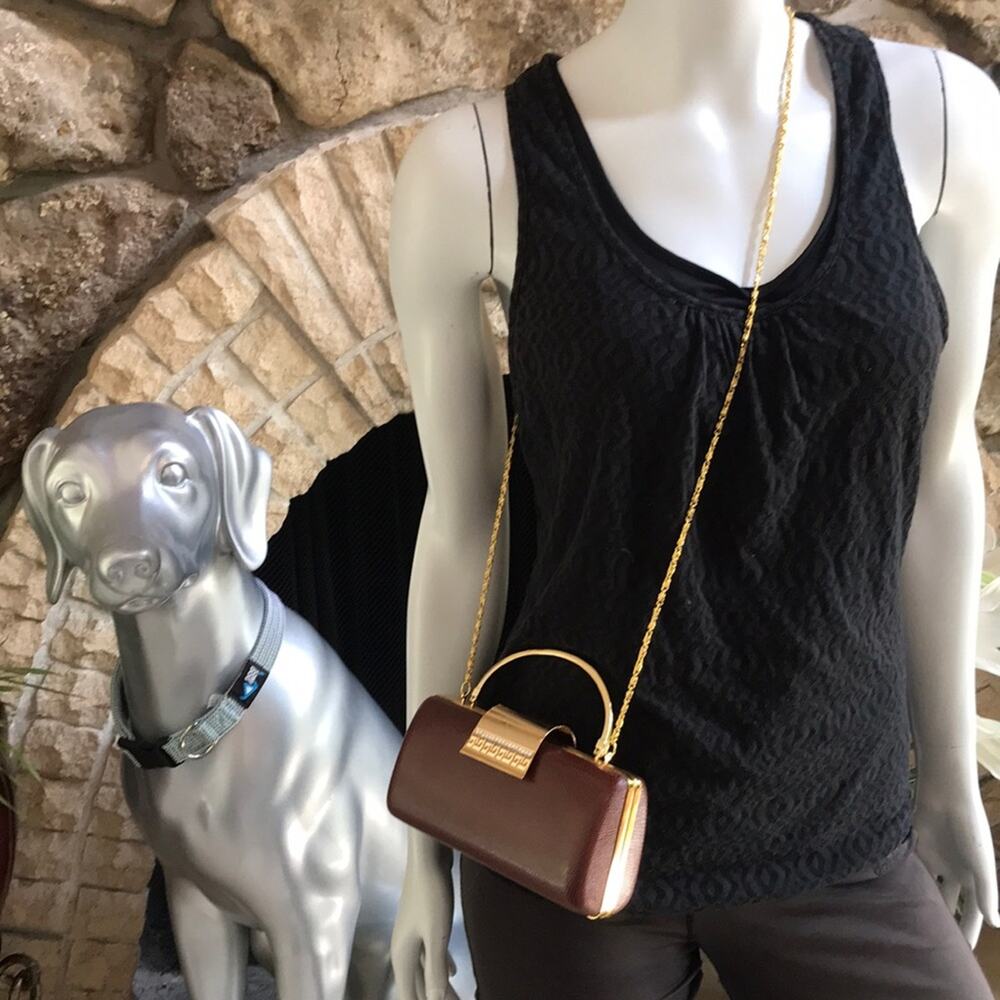 Brown Gold Hard Case Crossbody Chain Linked Snap Closure Purse